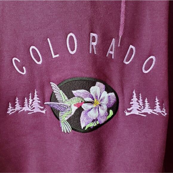 90s Colorado Hummingbird Hood Sweatshirt M L Purple Tourist Souvenir Gorp Y2K - Picture 2 of 14